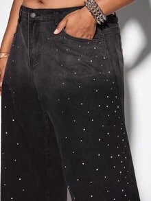 ROMWE Street Life Street Style Plus Size Women's Denim Curved Leg Pants With All-Over Rhinestone Decor, Wide Leg Silhouette Y2K Denim Jeans - Black - View 2