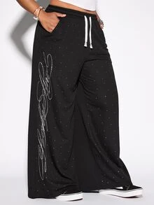 ROMWE Plus Size Women Street Style Y2K Rhinestone Letter Comfortable Loose Wide Leg Sweatpants - Black - View 1