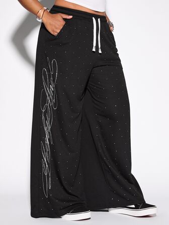 Pantalones de chándal holgados de pierna ancha cómodos con letras de strass estilo callejero Y2K para mujer talla grande