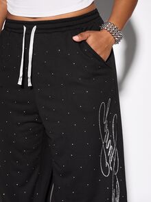 ROMWE Plus Size Women Street Style Y2K Rhinestone Letter Comfortable Loose Wide Leg Sweatpants - Black - View 2