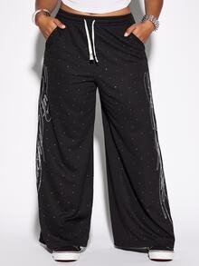 ROMWE Plus Size Women Street Style Y2K Rhinestone Letter Comfortable Loose Wide Leg Sweatpants - Black - View 6