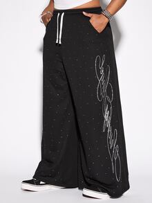 ROMWE Plus Size Women Street Style Y2K Rhinestone Letter Comfortable Loose Wide Leg Sweatpants - Black - View 7