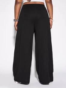 ROMWE Plus Size Women Street Style Y2K Rhinestone Letter Comfortable Loose Wide Leg Sweatpants - Black - View 4