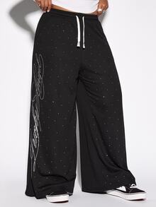 ROMWE Plus Size Women Street Style Y2K Rhinestone Letter Comfortable Loose Wide Leg Sweatpants - Black - View 5