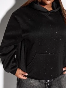 ROMWE Street Style Casual Versatile Loose Fit Pullover Glitter Fabric Plus Size Sweatshirt - Black - View 2