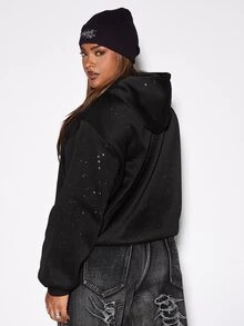 ROMWE Street Style Casual Versatile Loose Fit Pullover Glitter Fabric Plus Size Sweatshirt - Black - View 3