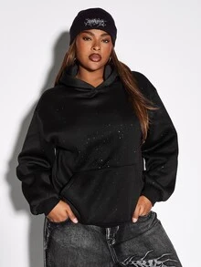ROMWE Street Style Casual Versatile Loose Fit Pullover Glitter Fabric Plus Size Sweatshirt - Black - View 6