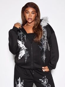 ROMWE Gothic Streetwear Plus Size Women's Hooded Sweatshirt Jacket With Angel Rune Print And Plush Hood Design, Autumn/Winter Sweatshirt - Black - View 5