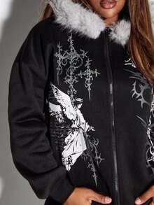 ROMWE Gothic Streetwear Plus Size Women's Hooded Sweatshirt Jacket With Angel Rune Print And Plush Hood Design, Autumn/Winter Sweatshirt - Black - View 8