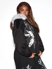 ROMWE Gothic Streetwear Plus Size Women's Hooded Sweatshirt Jacket With Angel Rune Print And Plush Hood Design, Autumn/Winter Sweatshirt - Black - View 6