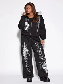 ROMWE Gothic Streetwear Plus Size Women's Hooded Sweatshirt Jacket With Angel Rune Print And Plush Hood Design, Autumn/Winter Sweatshirt - Black - View 3