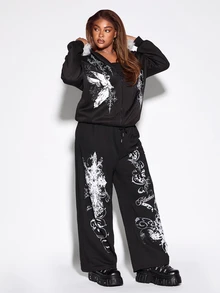 ROMWE Gothic Streetwear Plus Size Women's Hooded Sweatshirt Jacket With Angel Rune Print And Plush Hood Design, Autumn/Winter Sweatshirt - Black - View 4