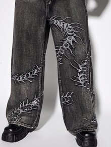ROMWE Grunge Punk Plus Size Casual Washed Embroidered Denim Jeans - Black - View 7