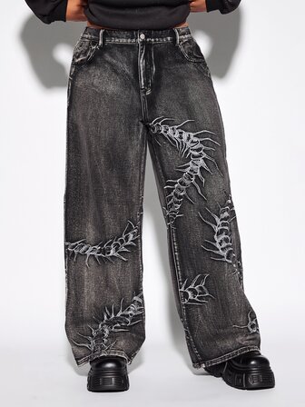 Grunge Punk Große Größen Lässige Washed bestickte Jeans