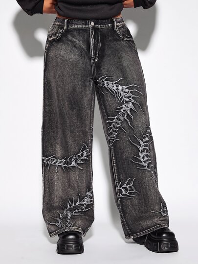 Grunge Punk Jean en denim délavé brodé décontracté grande taille