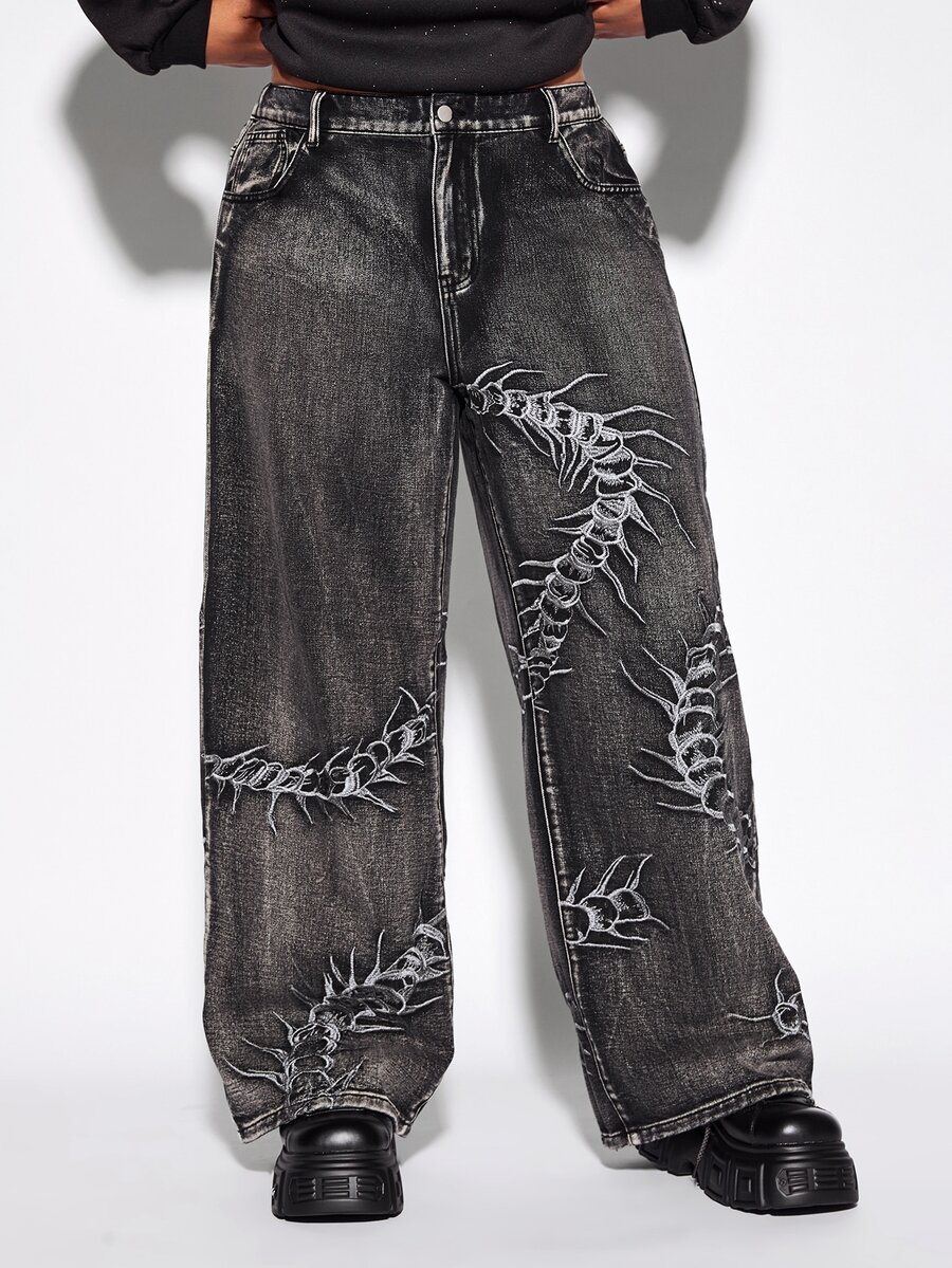 ROMWE Grunge Punk Plus Size Casual Washed Embroidered Denim Jeans - Black - View 1