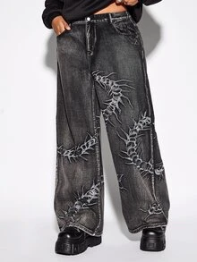 ROMWE Grunge Punk Plus Size Casual Washed Embroidered Denim Jeans - Black - View 6