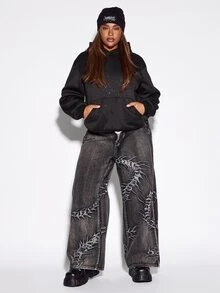 ROMWE Grunge Punk Plus Size Casual Washed Embroidered Denim Jeans - Black - View 4