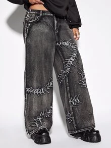 ROMWE Grunge Punk Plus Size Casual Washed Embroidered Denim Jeans - Black - View 5
