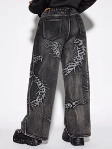ROMWE Grunge Punk Plus Size Casual Washed Embroidered Denim Jeans - Black - View 2