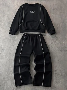 2pcs/Set Men's Teen Autumn/Winter Fleece Lined Thick Streetwear Print Pullover Sweatshirt & Straight Leg Pants Set, Suitable For Street Style, Unisex - Black - View 1