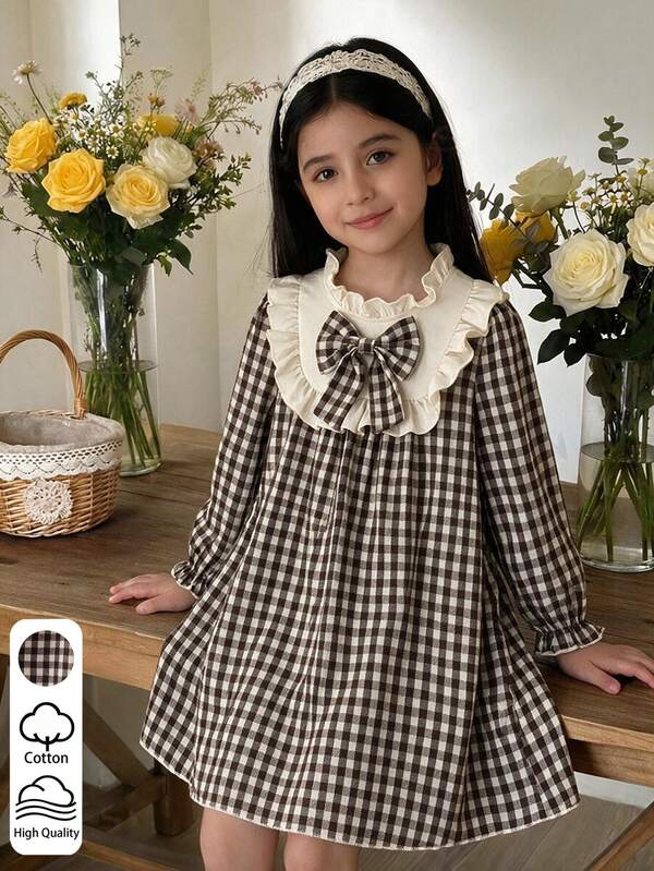 2Pcs Set Girlss' Plaid Long Sleeve Princess Dress Fall Brown And White Little Plaid Fabric With Cream White Ruffle Collar Paired With Matching Plaid 3