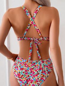 Swim Vcay Summer 2pcs Ditsy Floral Halter Crisscross Back Tied Bikini Set - Multicolor - View 3