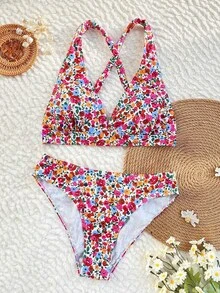 Swim Vcay Summer 2pcs Ditsy Floral Halter Crisscross Back Tied Bikini Set - Multicolor - View 4