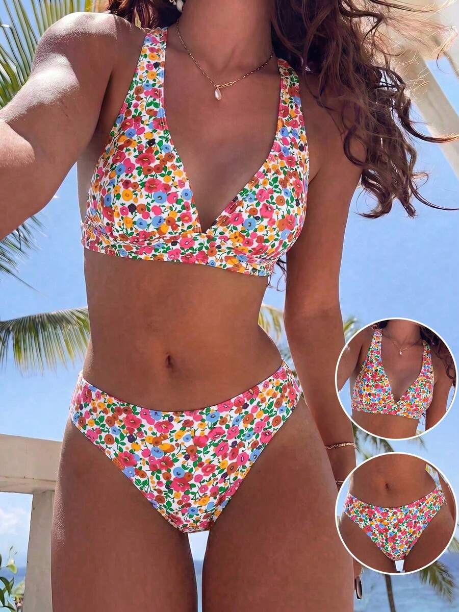 Swim Vcay Summer 2pcs Ditsy Floral Halter Crisscross Back Tied Bikini Set