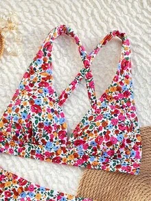 Swim Vcay Summer 2pcs Ditsy Floral Halter Crisscross Back Tied Bikini Set - Multicolor - View 6