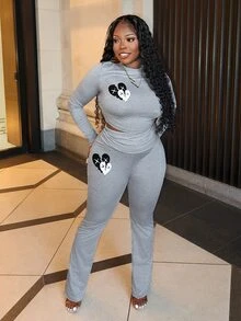 Slaydiva Casual Basic Elegant Heart Printed Long Sleeve Ruffle Top And Pants Women 2pcs/Set - H - Grey - View 6