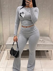 Slaydiva Casual Basic Elegant Heart Printed Long Sleeve Ruffle Top And Pants Women 2pcs/Set - H - Grey - View 1