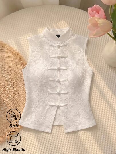 SHEIN MOD White Lace Stand Collar Frog Button Vest,Fall,Summer Holiday Outfits,Country Concert Outfit,Elegant ,Frenchy ,Back To School,Wedding,Vintage