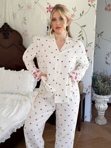 CottageSlumber Plus Size Women's Lip Lace Trim Custom Embroidered Lace With Cherry Ditsy Floral Short Sleeve Cardigan Top And Pants Pajama Set, Comfortable And Elegant Detailed Design - Apricot - View 7