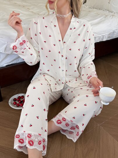 CottageSlumber Plus Size Women's Lip Lace Trim Custom Embroidered Lace With Cherry Ditsy Floral Short Sleeve Cardigan Top And Pants Pajama Set, Comfortable And Elegant Detailed Design