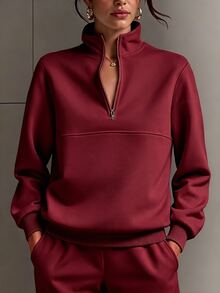 SHEIN EZwear Sweatshirt Lengan Panjang Wanita Warna Polos Kasual Serbaguna untuk Sehari-hari - Hot Pink - View 4
