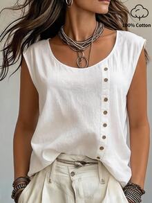Ceyna Plus Size Women's Round Neck Casual Boho Soft Form Traditional Button Design Pure Cotton Comfortable Summer Shirt Vacation Allover White Office Formal - White - View 8