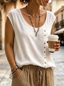 Ceyna Plus Size Women's Round Neck Casual Boho Soft Form Traditional Button Design Pure Cotton Comfortable Summer Shirt Vacation Allover White Office Formal - White - View 6