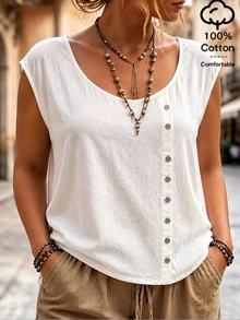 Ceyna Plus Size Women's Round Neck Casual Boho Soft Form Traditional Button Design Pure Cotton Comfortable Summer Shirt Vacation Allover White Office Formal - White - View 7
