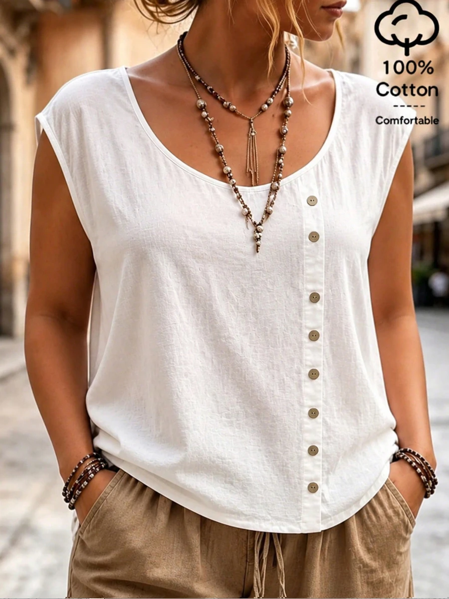 Ceyna Plus Size Women's Round Neck Casual Boho Soft Form Traditional Button Design Pure Cotton Comfortable Summer Shirt Vacation Allover White Office Formal