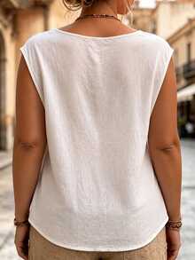 Ceyna Plus Size Women's Round Neck Casual Boho Soft Form Traditional Button Design Pure Cotton Comfortable Summer Shirt Vacation Allover White Office Formal - White - View 3