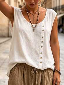 Ceyna Plus Size Women's Round Neck Casual Boho Soft Form Traditional Button Design Pure Cotton Comfortable Summer Shirt Vacation Allover White Office Formal - White - View 4