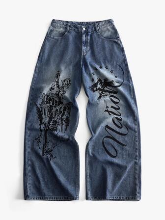 Jeans in denim da uomo con stampa a motivo, vestibilità ampia e curva