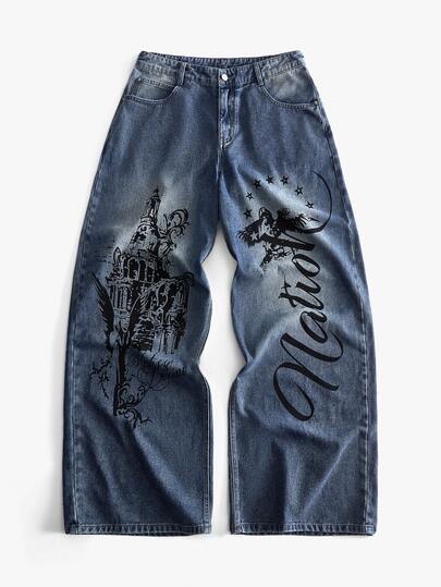 Jeans de mezclilla con estampado y corte holgado curvo para hombre