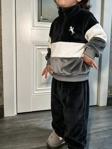 SHEIN 男童時尚休閒拼色拉鍊領刺繡Logo毛絨上衣與長褲兩件套，適合日常休閒、外出、上學，秋冬穿著 - 彩色 - 查看 10