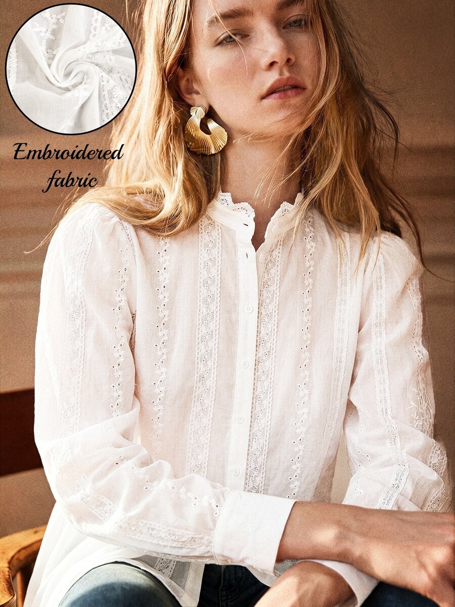 Écloséra French Vintage Elegant Wavy Collar Lace Hollow Out Blouse Shirts For Woman Tops Casual Office Tea Party Work Brunch White Fall