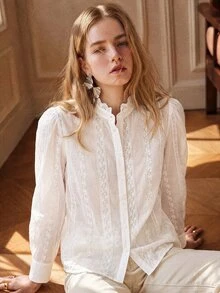 Écloséra French Vintage Elegant Wavy Collar Lace Hollow Out Blouse Shirts For Woman Tops Casual Office Tea Party Work Brunch White Fall - Blue - View 7