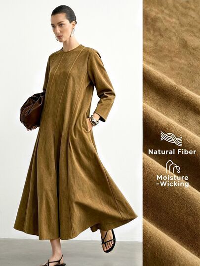 Aalyst Women's Elegant Fashion French Romantic Minimalist Style Relaxed Draped Slightly Pleated Round Neck Long Sleeve Asymmetrical Cut Slim Fit Maxi Dress