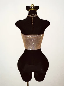 EgrlEra Women's Gold Summer Seductive Vacation Holiday Hollow Sheer Top,Rhinestone Sparkling Material Tube Tops Y2k Birthday Sequin Club Top - Champagne - View 2