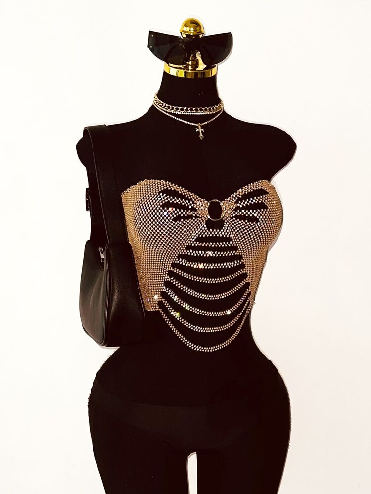 EgrlEra Women's Gold Summer Seductive Vacation Holiday Hollow Sheer Top,Rhinestone Sparkling Material Tube Tops Y2k Birthday Sequin Club Top - Champagne - View 4